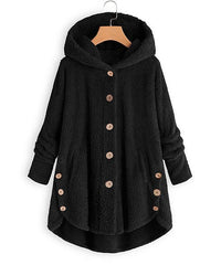Baisico Black Side-Pocket Plush Hooded Button-Up Coat