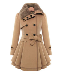 GYK Camel Faux Fur-Collar Belted Pleated Peacoat
