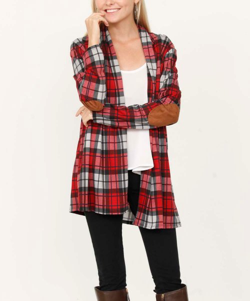 egs by Ãloges Red Plaid Elbow-Patch Open Cardigan