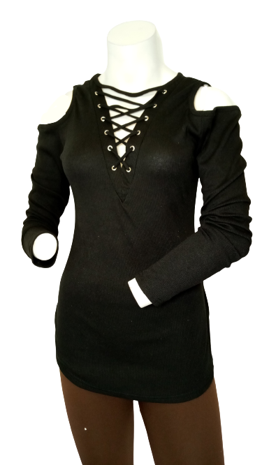 Black Lace-up Cold Shoulder Blouse