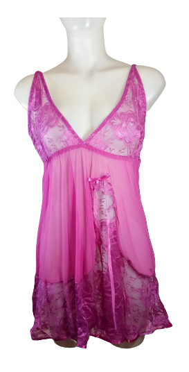 Fuchsia Bow Lace Detail Baby Doll Top-Thong Set