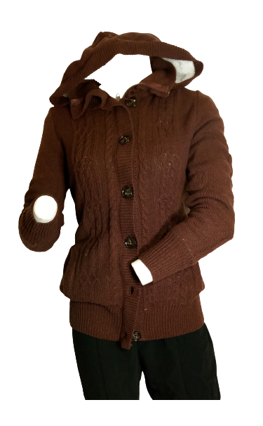 Fleece Lined Brown & White Button-Down Cable Knit Sweater With Hood