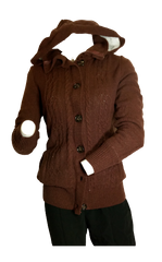 Fleece Lined Brown & White Button-Down Cable Knit Sweater With Hood