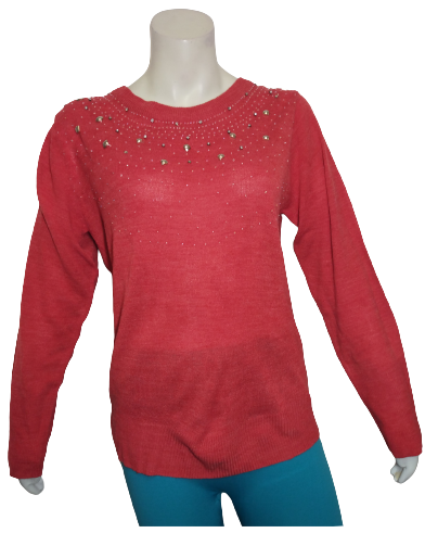 Salon Studio Coral Beaded/Jeweled Neckline Sweater