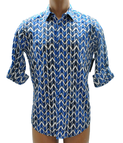 Alfani Men Hyper Blue Zig Zag Pattern Long Sleeve Shirt Small