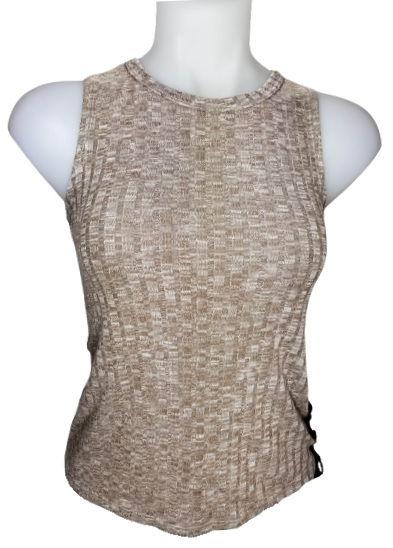 579 Tan/Black Ribbed Sleeveless Lace up Blouse