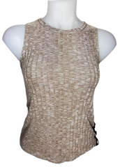 579 Tan/Black Ribbed Sleeveless Lace up Blouse